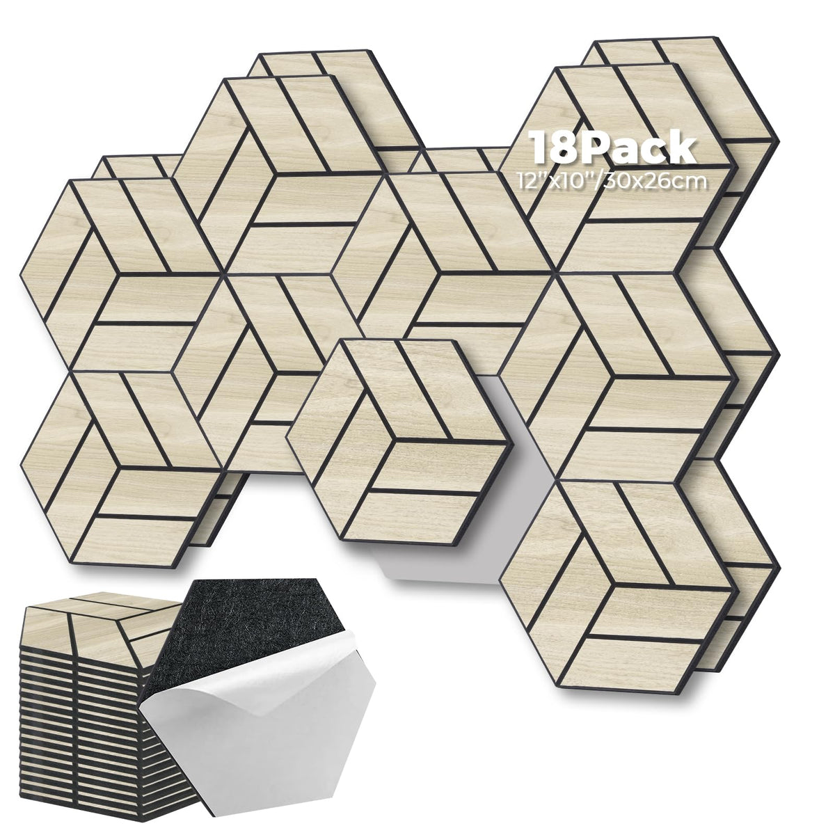 GreenClad 3D Peel and Stick Acoustic Wall Panel – 18-Pack White Maple Soundproof Wood Look Wall Panels for Interior Wall Decor, Hexagon Design