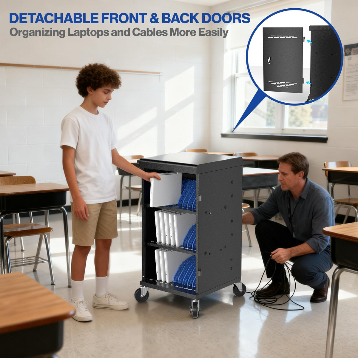 30 Unit Device Charging Station for Chromebook, iPad, 14'' Laptop - Charging Cart with Charger Cable Management, Circuit Breaker, Grounding Protection, Assembly Required