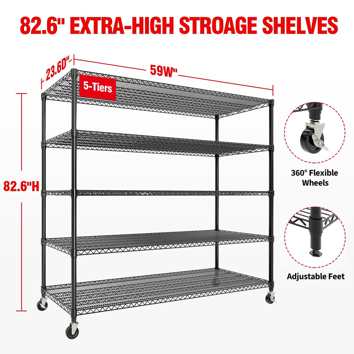 ExploreHorizon 5-Tier Metal Storage Shelving Unit, 3300 Lbs Load Capacity Heavy-Duty Shelf Organizer, Adjustable Wire Rack Shelves for Garage, Pantry & Kitchen, 82.6" h x 59" w x 23.6" d