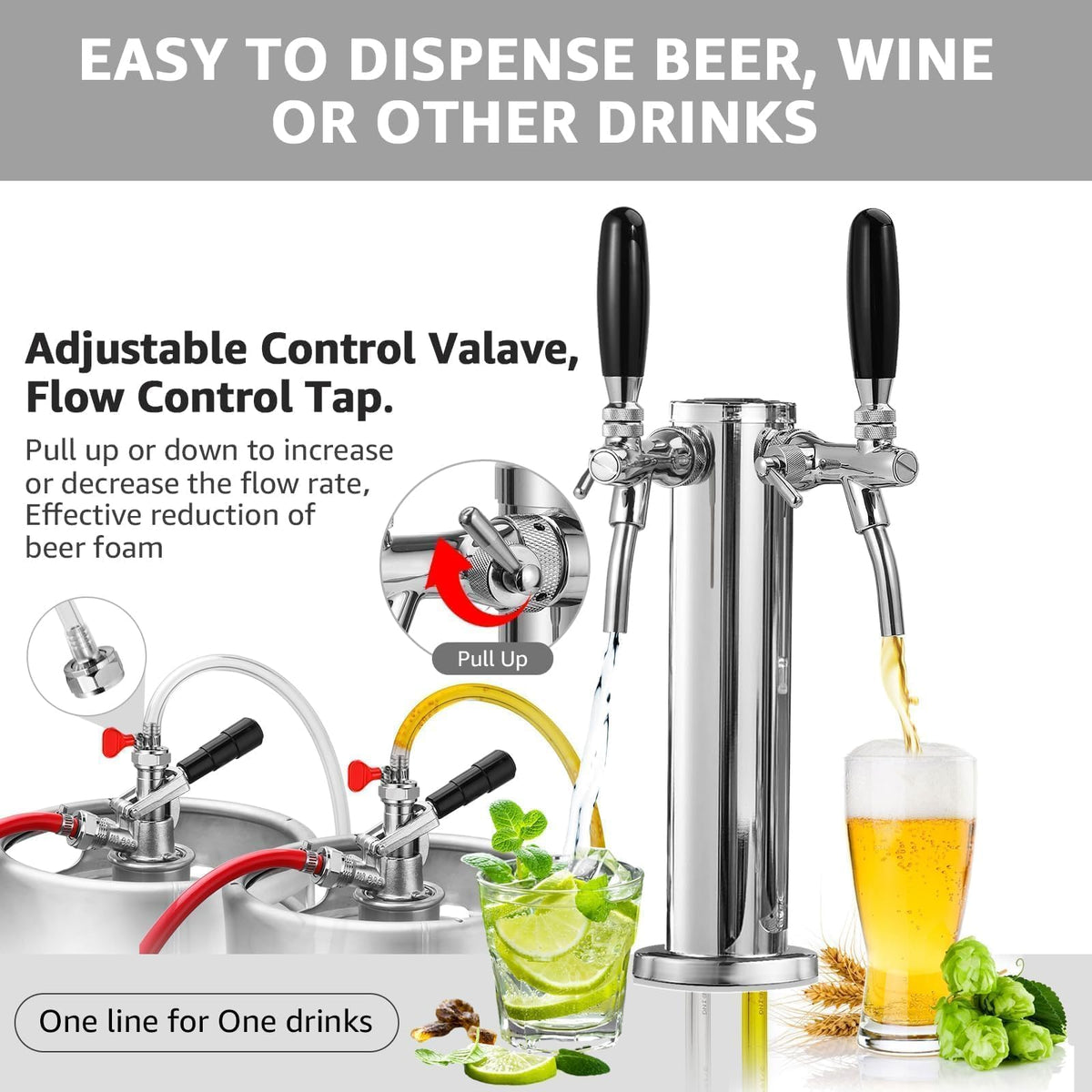 New Adjustable Dual Tap Kegerator Tower & Dual Keg Regulator CO2 Beer Pressure Regulator 0-60psi for Brewing