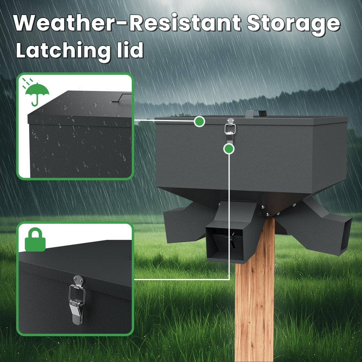 Portable 80LB Gravity Deer Feeder, Heavy Duty Metal Wildlife Feeder with 4 Feeding Ports, Weatherproof for Hunting & Backyard Game