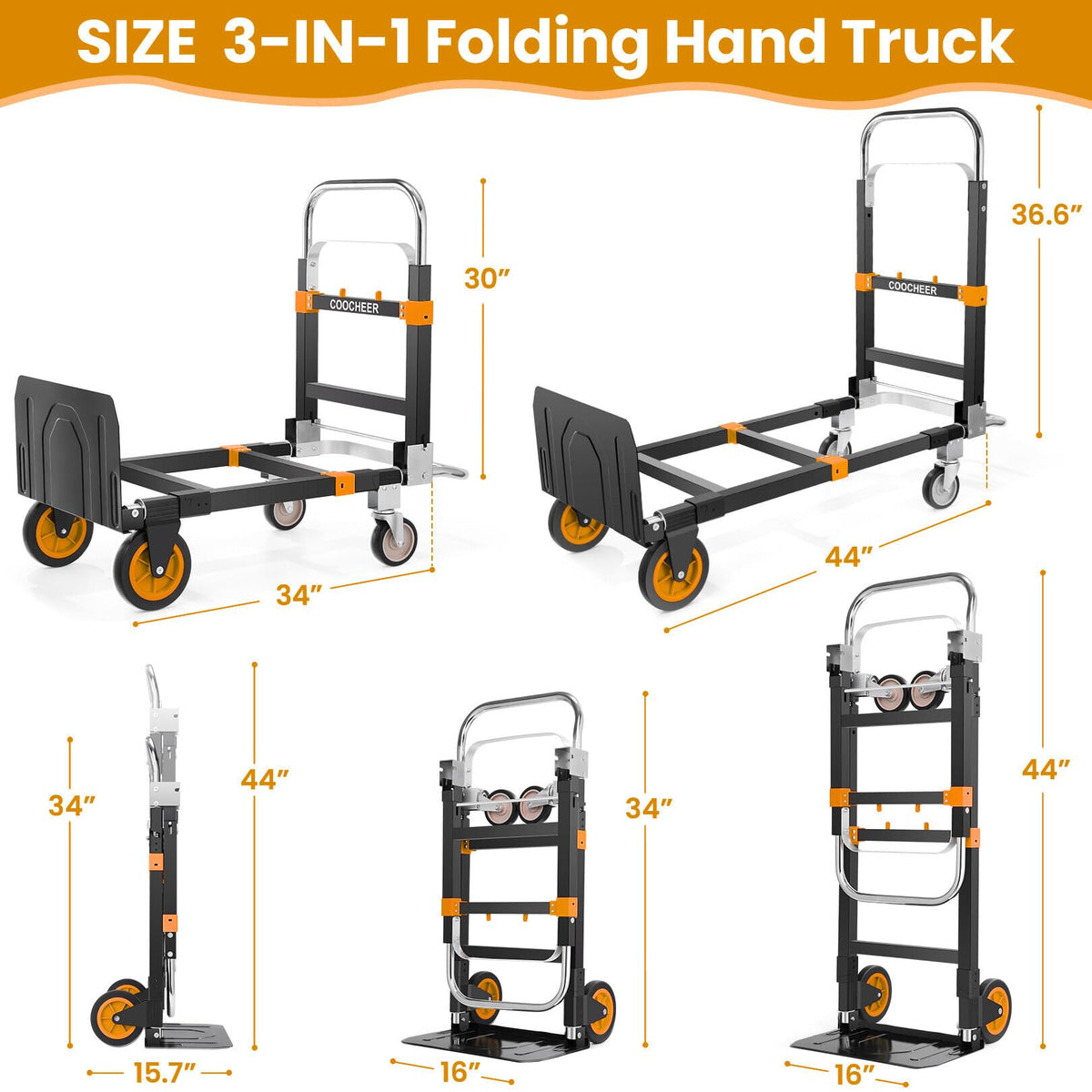 3-in-1 Convertible Heavy Duty Folding Hand Truck Dolly, 600LB Capacity with Rubber& Wheels Telescoping Handles, Portable Collapsible Cart for Warehouse, Supermarket, Office (Orange)