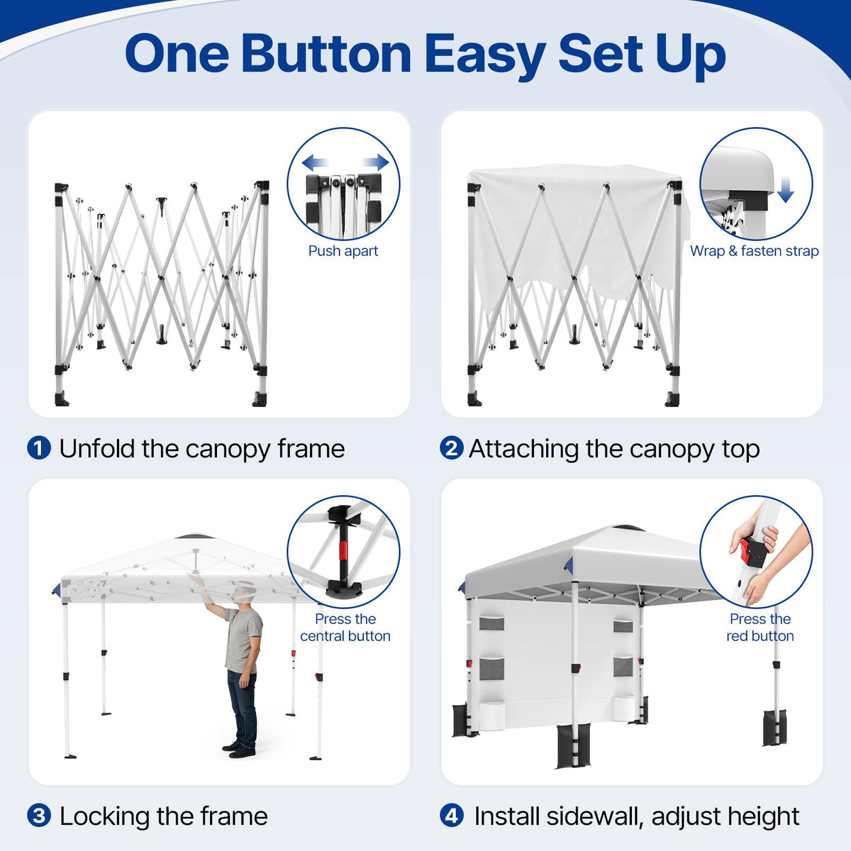 10x10 FT Pop Up Canopy Outdoor Tent with 1 Sidewall and 6 Pockets, 1-Button Push Easy Set Up, 3-Height Adjustable Beach Shade, Heavy Duty Sun Shelter for Vendor Events Camping Party Outdoor Activities
