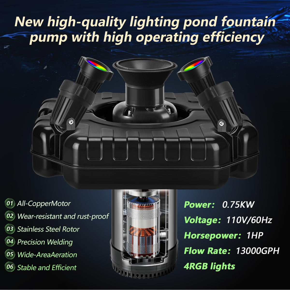 Burnvale Pond Fountain Aerator, 1HP 110V 750W Floating Pond Fountain, With4 RGB Lights，100 FT Power Cord，Waterproof Timer，2x100 FT Traction Rope，Floating Water Fountains for Ponds