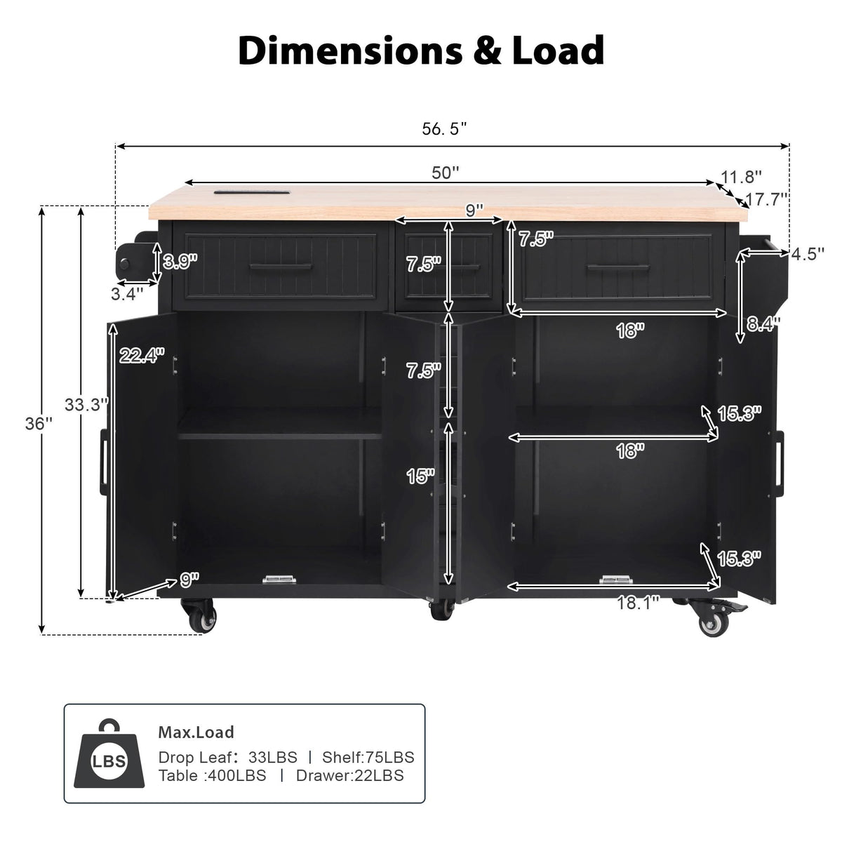 Trygoal Kitchen Island with Power Outlet and Drop Leaf, 56.5" Rolling Kitchen Cart on Wheels with 5 Drawers & 4 Soft-Closing Doors, Mobile Kitchen Island with Embossed Stripe for Dining Room, Black