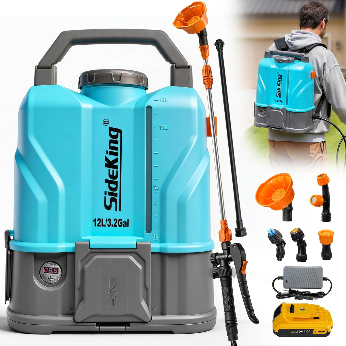 SideKing 3.2 Gallon Battery Powered Backpack Sprayer, 100 PSI Powerful Electric Sprayer Compatible with DeWalt 20V Battery, Max 0.9 GPM, 5 Nozzles & 2 Spray Wands for Lawn, Yard, Weed & Pest Control