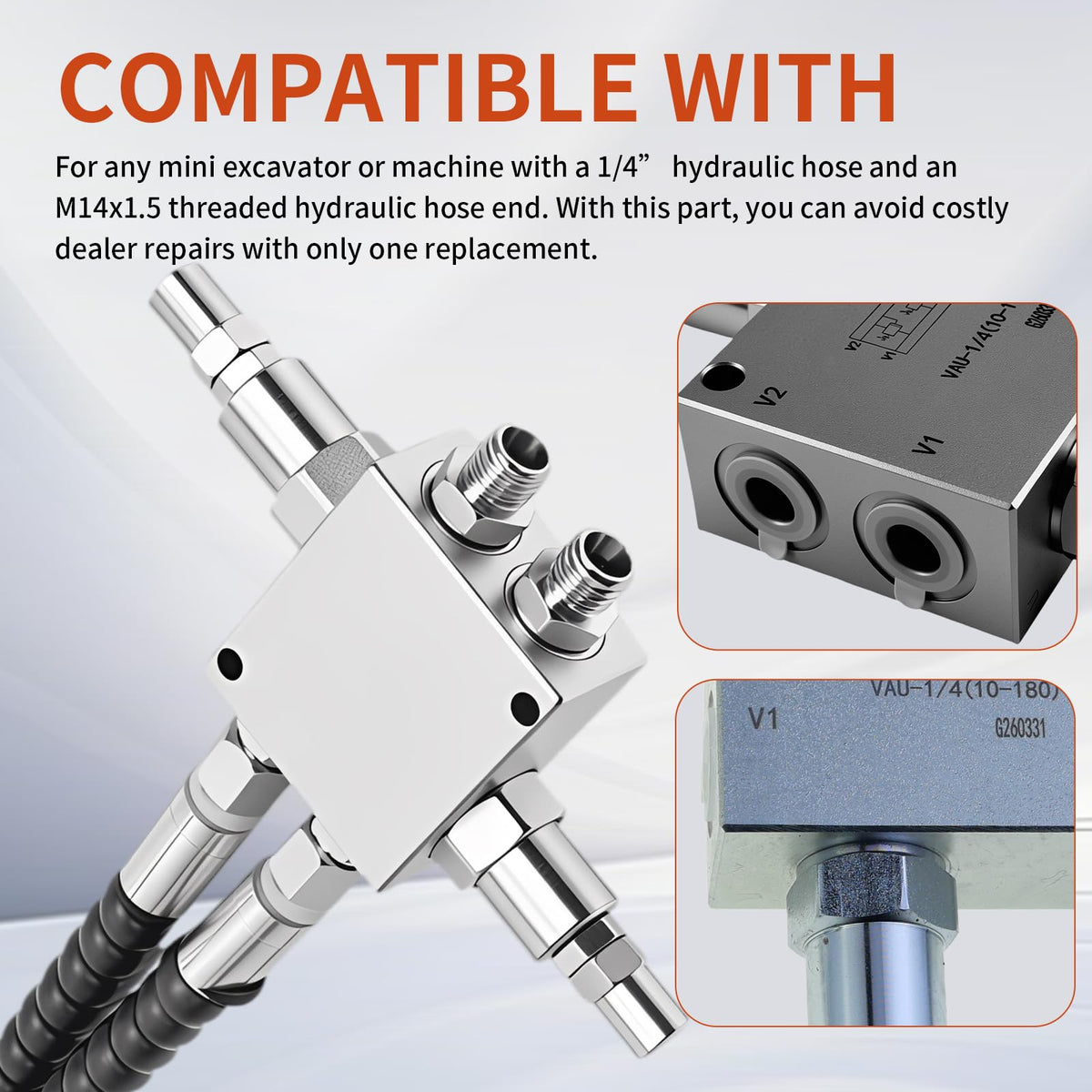 New Mini Excavator Cushion Valve Kit Fit for Any mini Excavator or Machine with a 1/4” Hydraulic Hose and an M14x1.5 Threaded Hydraulic Hose end.