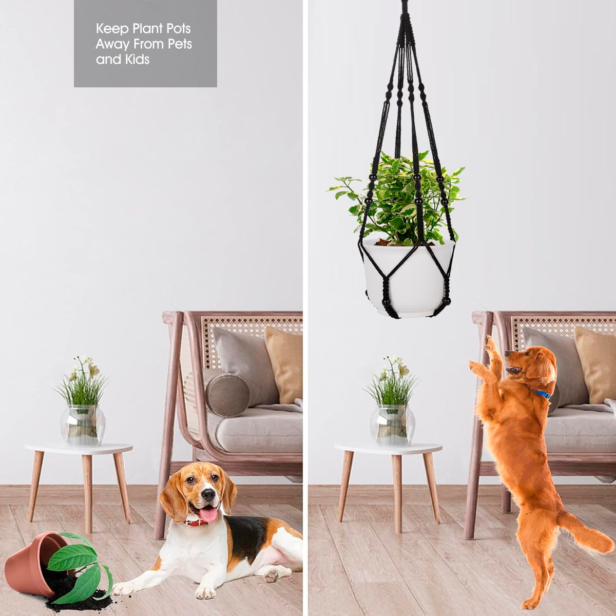 RIFNY Macrame Plant Hanger for 5 to 10 Inch Plant Pots, 35 Inch Woven Rope Hanger Kits with Hooks and Wood Beads, Hanging Planter Basket for Indoor Boho Home Decor (Black, 2 Pack)