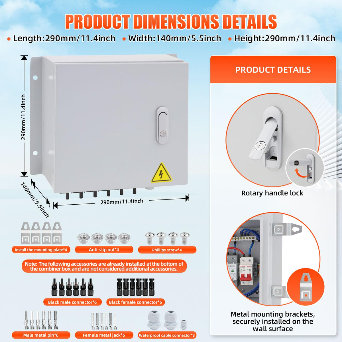 Doniks 6 String Metal Solar Combiner Box, IP65 Waterproof PV Combiner Box with 20A Rated Current Fuse, 63A Air Circuit Breaker,Lightning Arrester, Metal Box for On/Off Grid Solar Panel System