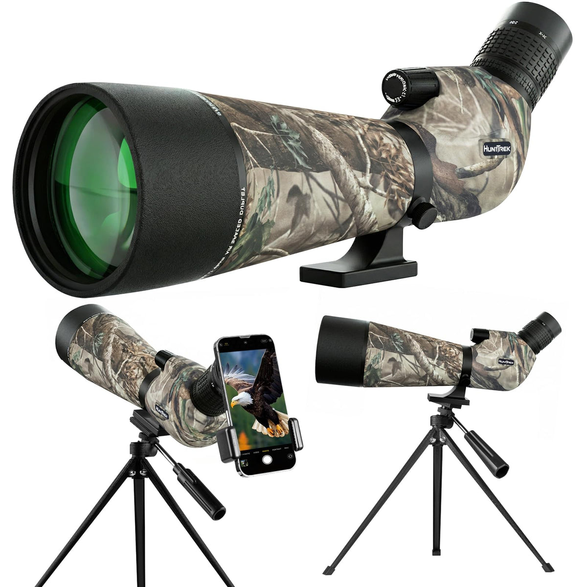HuntTrek 25-75x100 Spotting Scope with 9 Inches Short Tripod Phone Adapter Carrying Bag Spotter Scope for Target Shooting Bird Watching Wildlife Viewing Camo