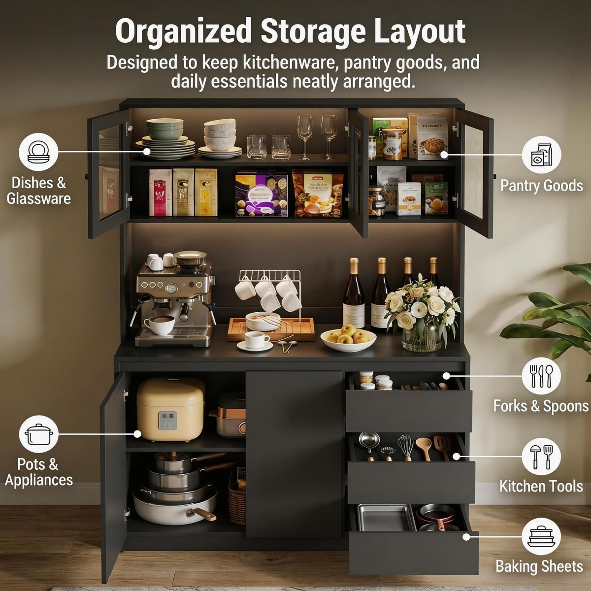 71" Kitchen Pantry Cabinet,Tall Storage Cabinet with Doors & Shelves Adjustable, Kitchen Storage Hutch with Microwave Shelf,Coffee Bar,Led Lights&Charging Station,Corner Pantry Cabinet for Living Room