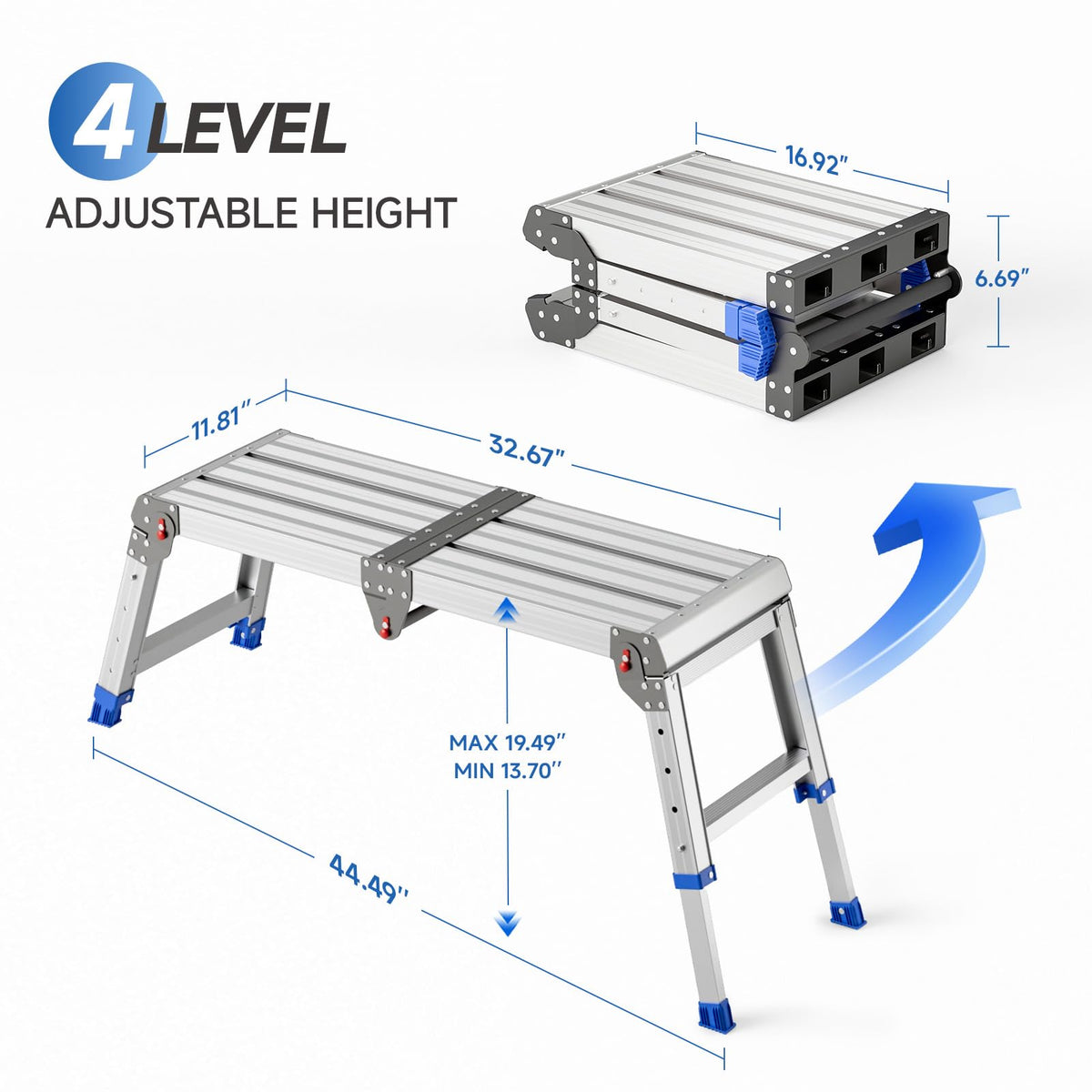 Loyoda Folding Work Platform for Adults, Aluminum Foldable Step Stool Adjustable Height, Lightweight and Durable Portable Outdoor Aluminum Step Ladder, Maximum Load Capacity of 500 Pounds.