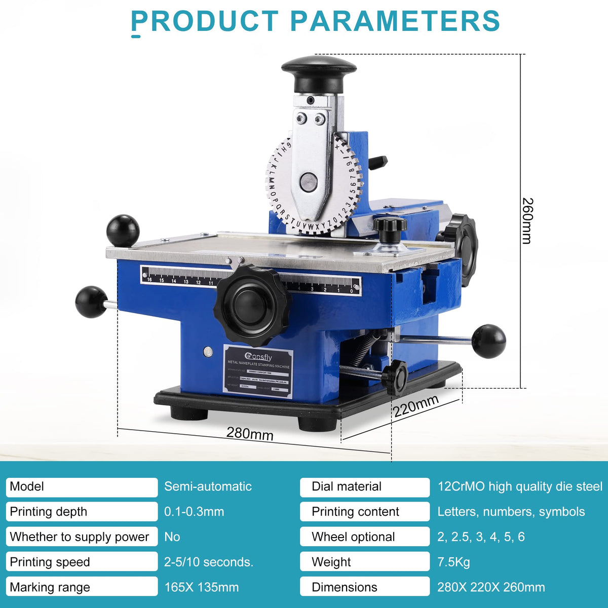 Consfly Metal Nameplate Stamping Machine Semi-Automatic Embosser Label Printing Marking Machine Dog Tag Printer (3mm Character Wheel)