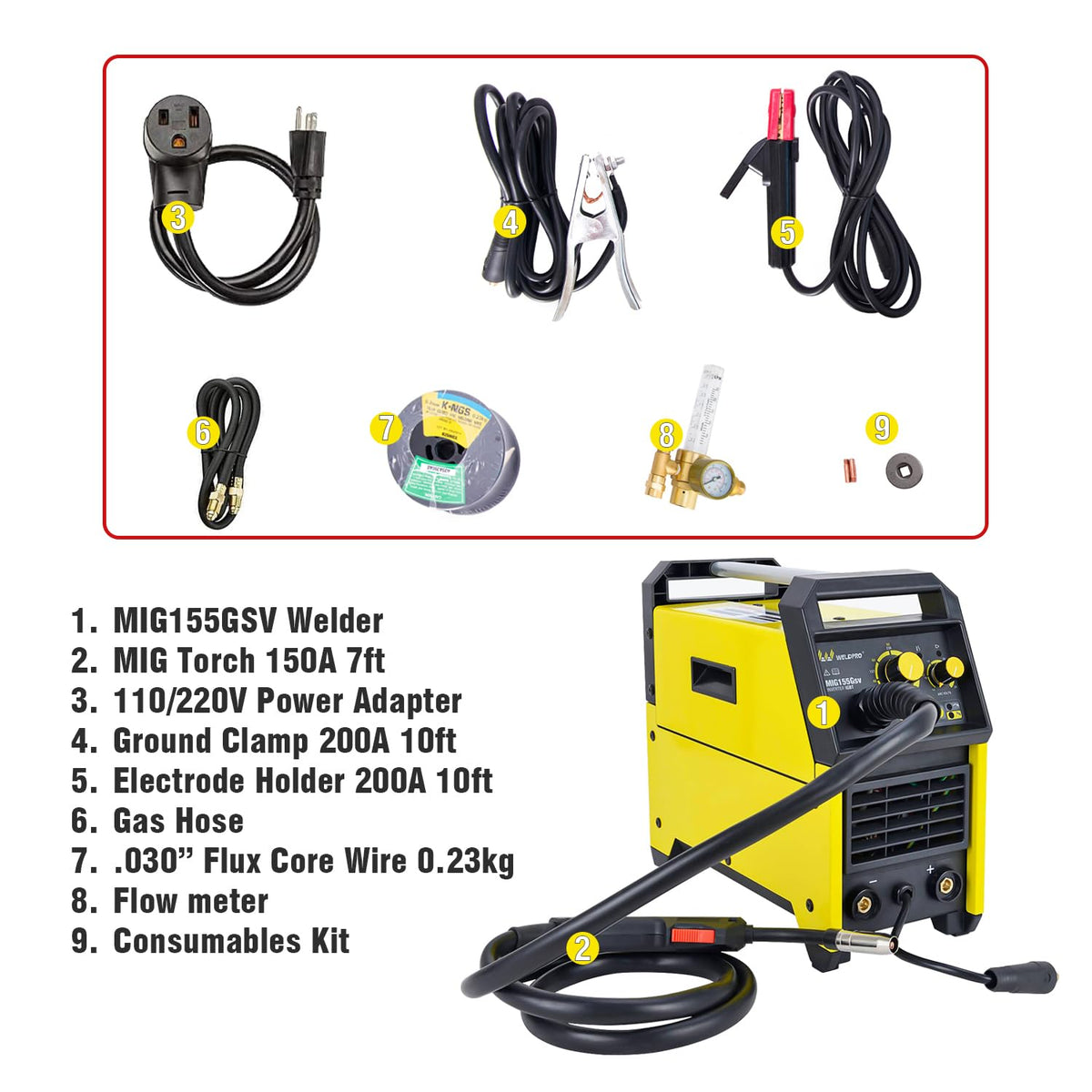 Weldpro 155 Amp MIG Welder, 110V/220V 3 in 1 Welding Machine, Flux Core MIG/Gas MIG/MMA/Stick Welder, Welder Machine with Synergy, IGBT Inverter Portable Welder Equipment for Beginner