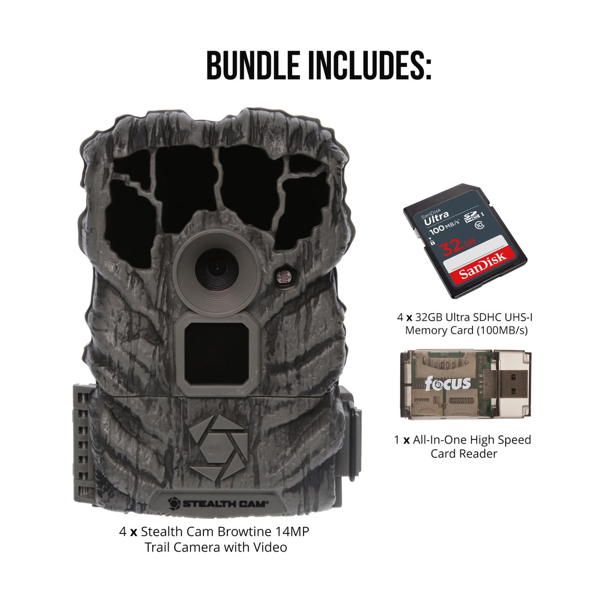 Stealth Cam Browtine 14MP Trail Camera (4-Pack) Bundle with 32GB Memory Card (4-Pack) and Card Reader (9 Items)