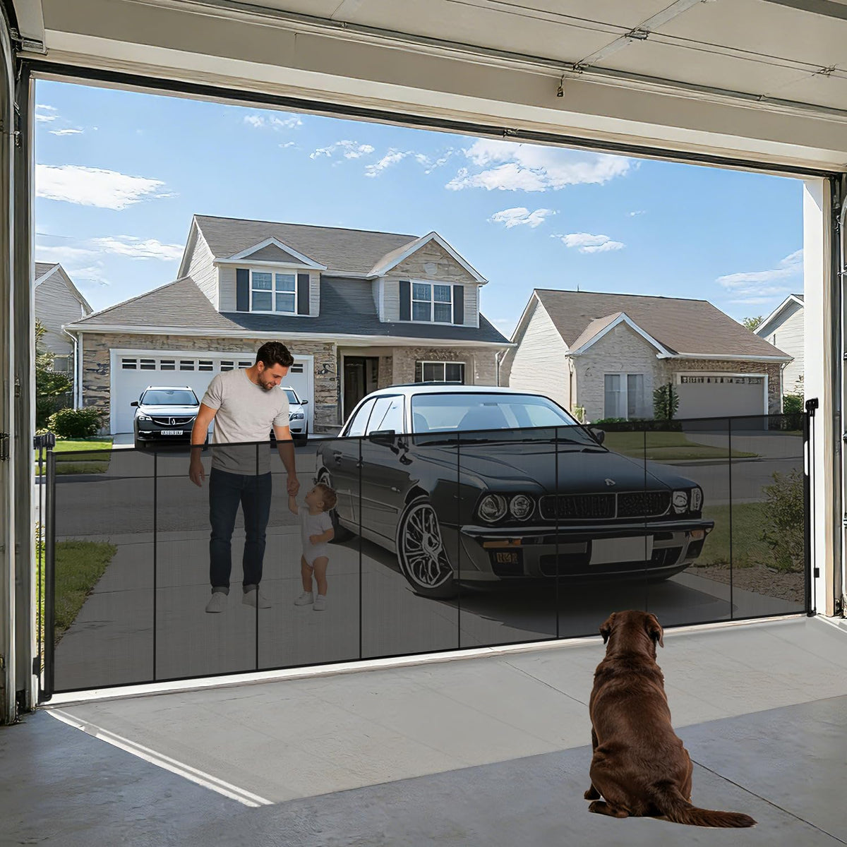 200'' Extra Wide Retractable Baby Gates for Large Opening, 42" Tall Retractable Dog Pet Gate with Support Rods, Long Mesh Screen Child Safety Gate for Garage Doorways Deck Stairs Yard Outdoor Indoor