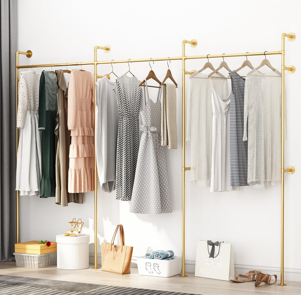 ORSENIGO Industrial Pipe Clothing Rack, Heavy Duty Clothes Rack for Hanging Clothes, Wall Mounted Display Garment Rack for Home Retail Boutique (Three, Gold)