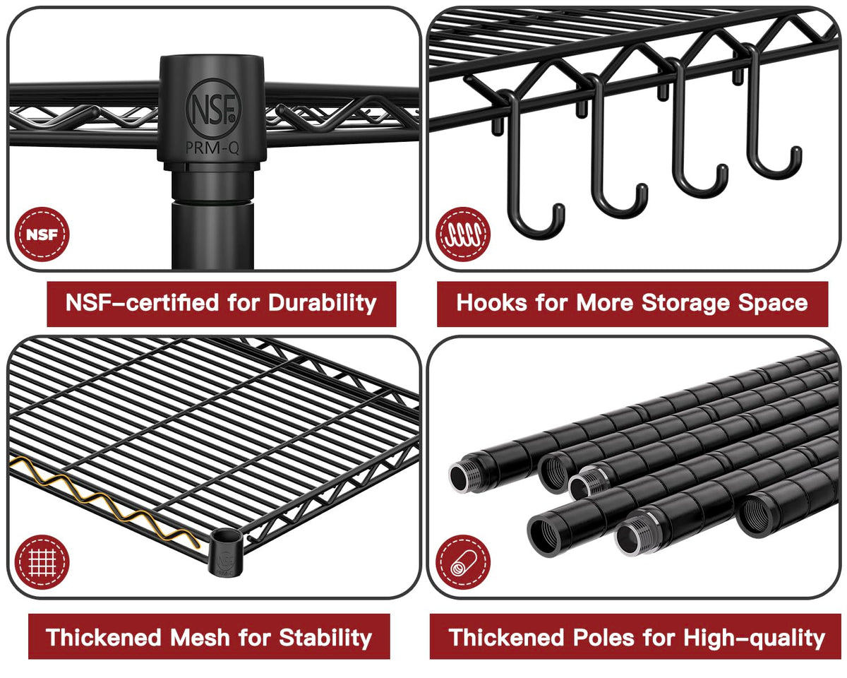 PrimeZone Wire Metal Storage Shelves - 5 Tier Adjustable NSF-Certified Heavy Duty Garage Shelving Unit Organizer Rack, Steel Utility Shelf for Kitchen, Pantry, Closet, 35.5" W x 14" D x 72" H, Black