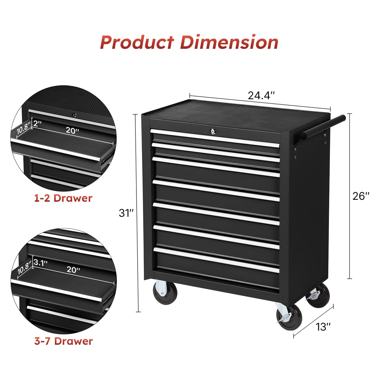 Rovibek 7-Drawer Rolling Tool Chest, Metal Rolling Tool Box with Lockable Drawers, High Capacity Tool Storage Cabinet for Garage, Workshop, Warehouse, Mechanics, Repair Shop (Black)