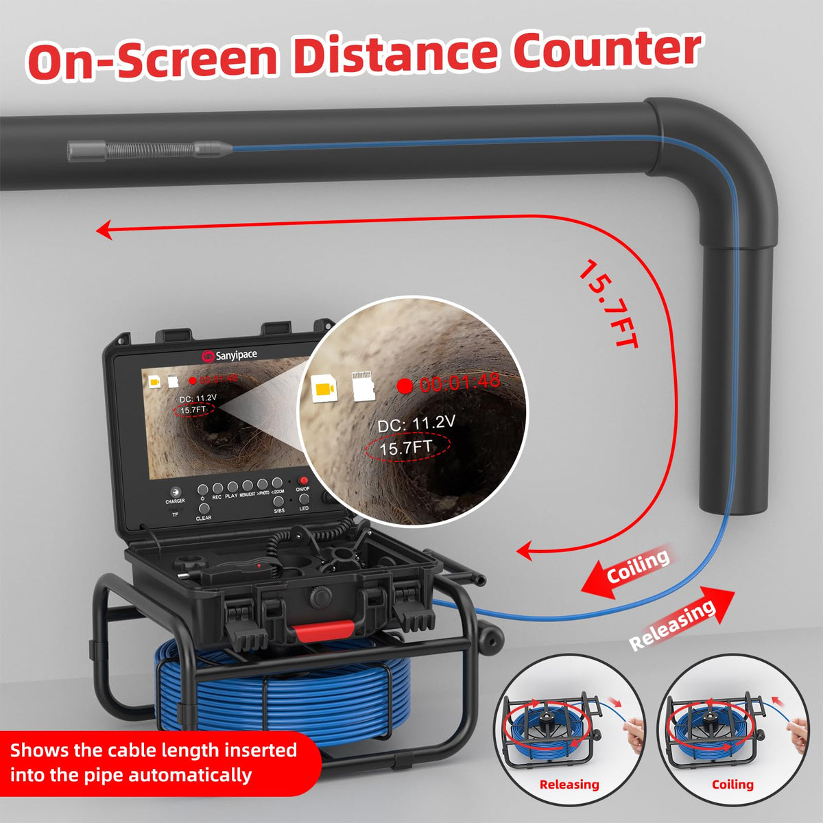Sanyipace Drain Camera with Locator, Self-Leveling Sewer Camera with 512Hz Transmitter, Distance Counter, 5X Zoom, 4500mAh Battery, 165FT/50M Waterproof Pipe Camera for Plumbing Duct Home Inspection