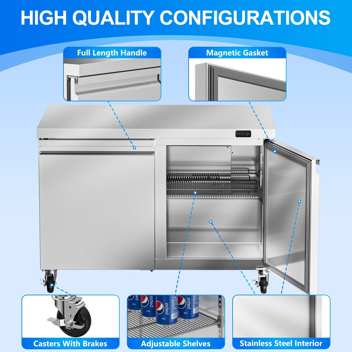 Rockitch 48" W Commercial Undercounter Refrigerator, 11.1 Cu.ft Stainless Steel Worktop Refrigerator, 2 Doors Fan Cooling Kitchen Fridge with Adjustable Shelves for Restaurant Food Prep, ETL Approved