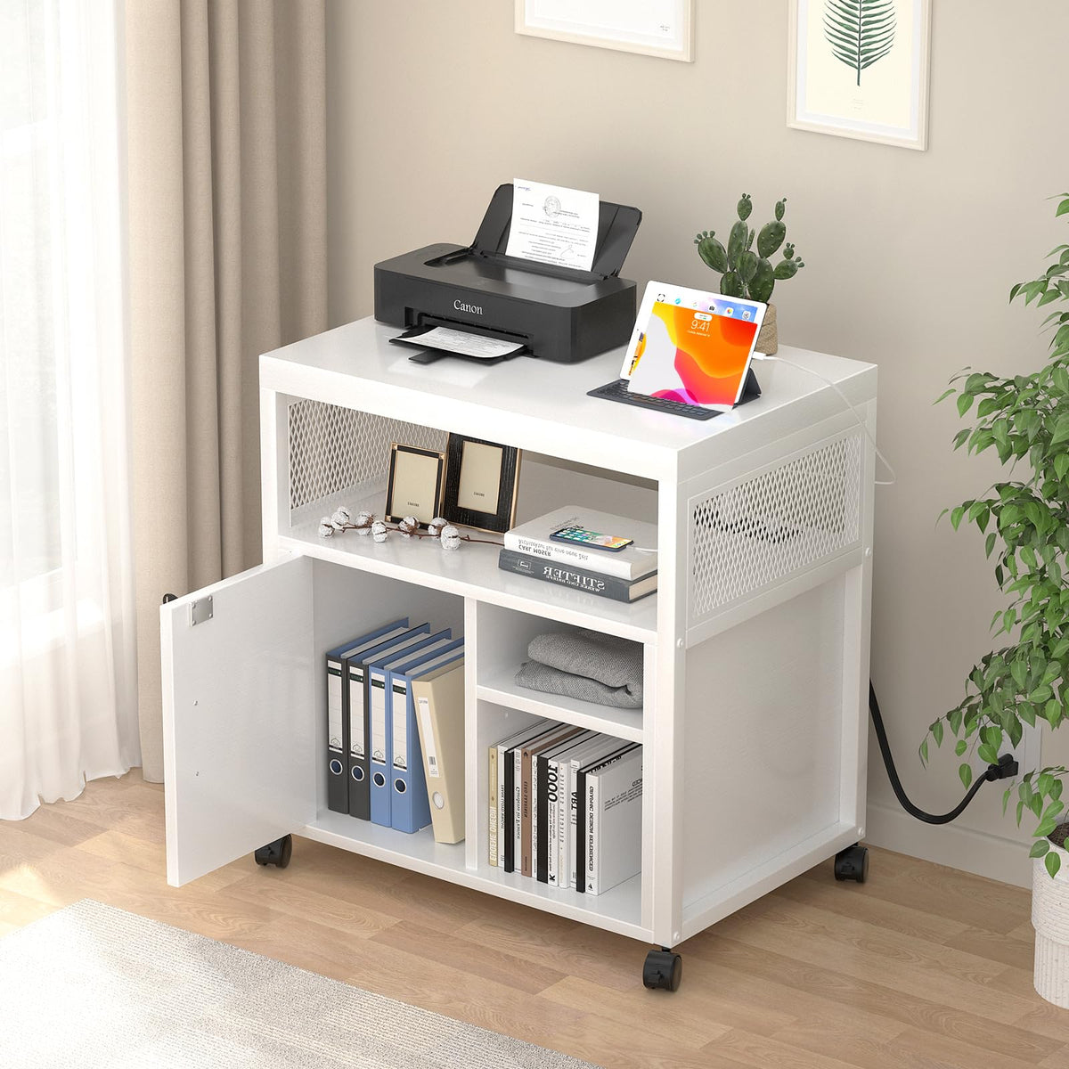 Unikito Rolling File Cabinet Lateral Office Filing Cabinets with Socket and USB Charging Port, Modern Printer Stand on Wheels, Printer Cabinet with Door and Open Storage, Lockable, White
