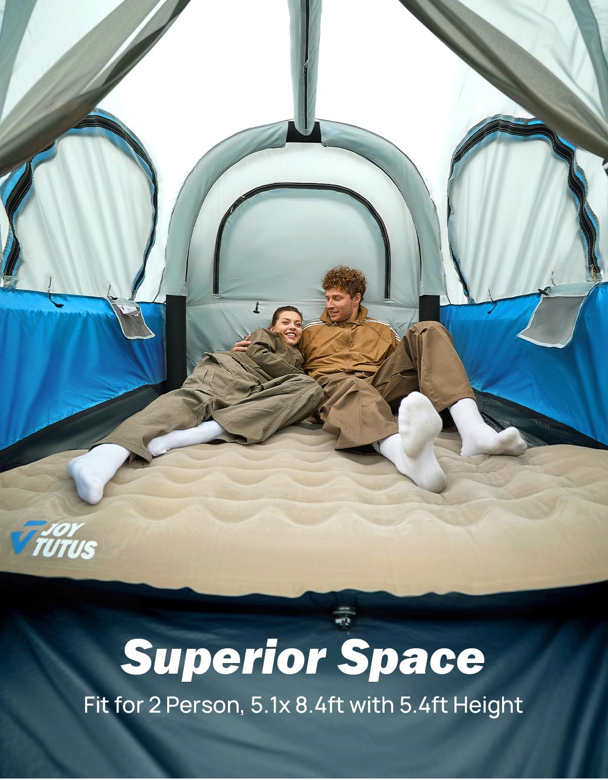 JOYTUTUS Inflatable Truck Bed Tent 6.5FT with Awning, Includes Air Pump for Quick 30 S Setup, Dual-use Pickup or Camping Tent for 2 Person, Waterproof Roof Shade and 3 Windows, Gray Blue