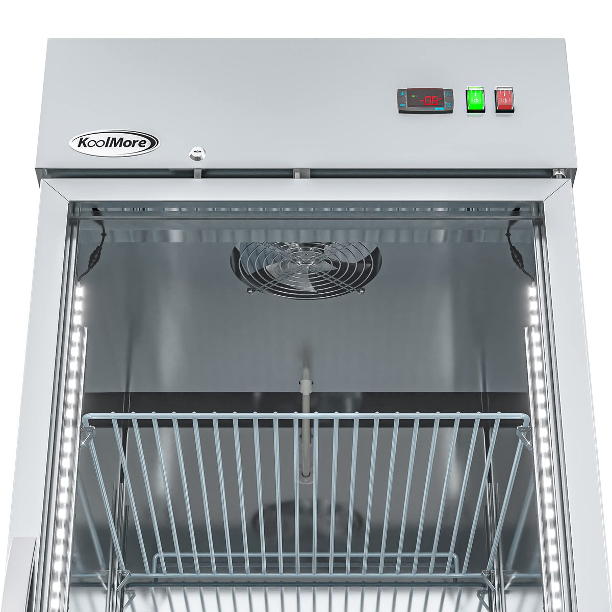 KoolMore Commercial Stainless-Steel Upright Freezer with Reach-In Self-Close Glass Door, 3 Storage Shelves, Heavy-Duty Caster Wheels, Frost-Free Temperature Control - 23 Cu.Ft [Silver] (RIF-1D-GD)