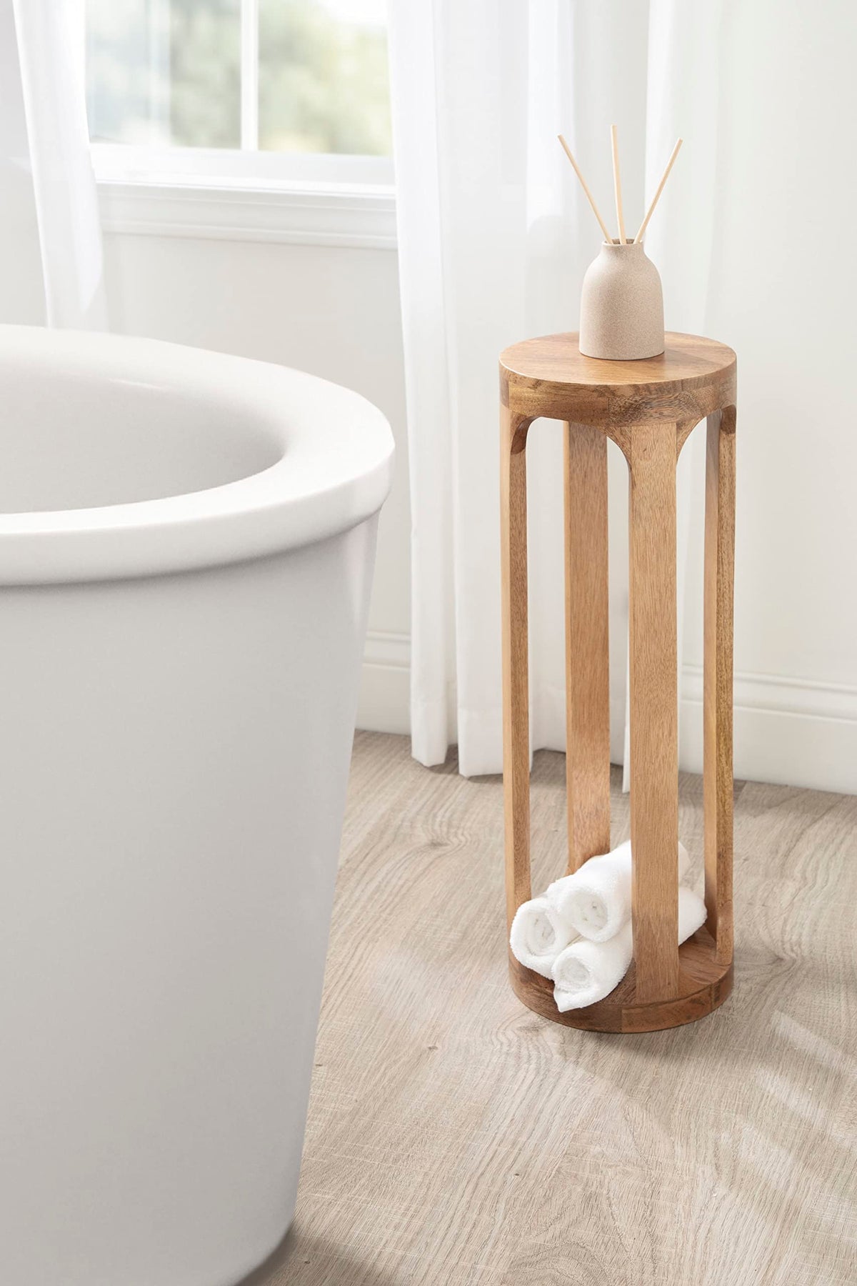 Kate and Laurel Dahl Wooden Round Drink Table; 8 x 23; Natural Brown; Transitional Boho Circle Wood Accent Pedestal Table for Living Room Plant Stand or Small Bedroom Nightstand