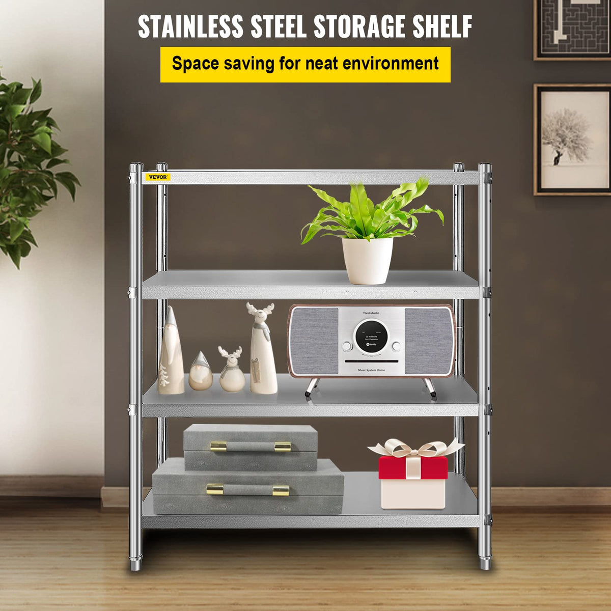 VEVOR Stainless Steel Shelving 46.8x18.5 Inch 4 Tier Adjustable Shelf Storage Unit Stainless Steel Heavy Duty Shelving for Kitchen Commercial Office Garage Storage 330lb Per Shelf