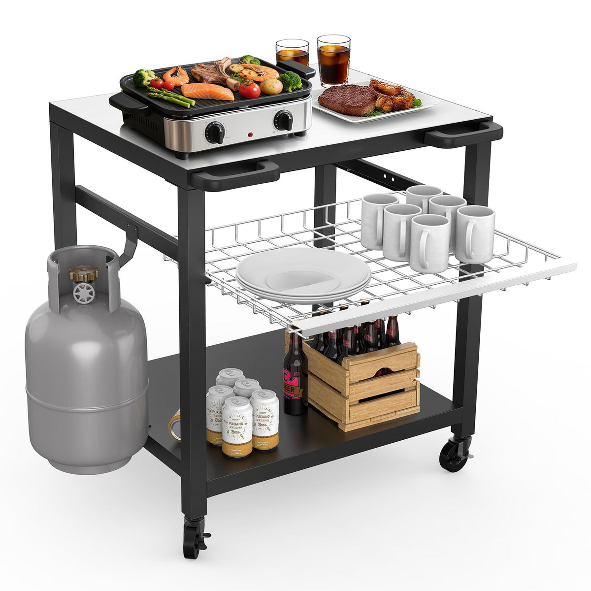 NUUK Grill Cart 30"x24" Pizza Oven Table for Outdoor 3-Shelf with Stainless Steel Top