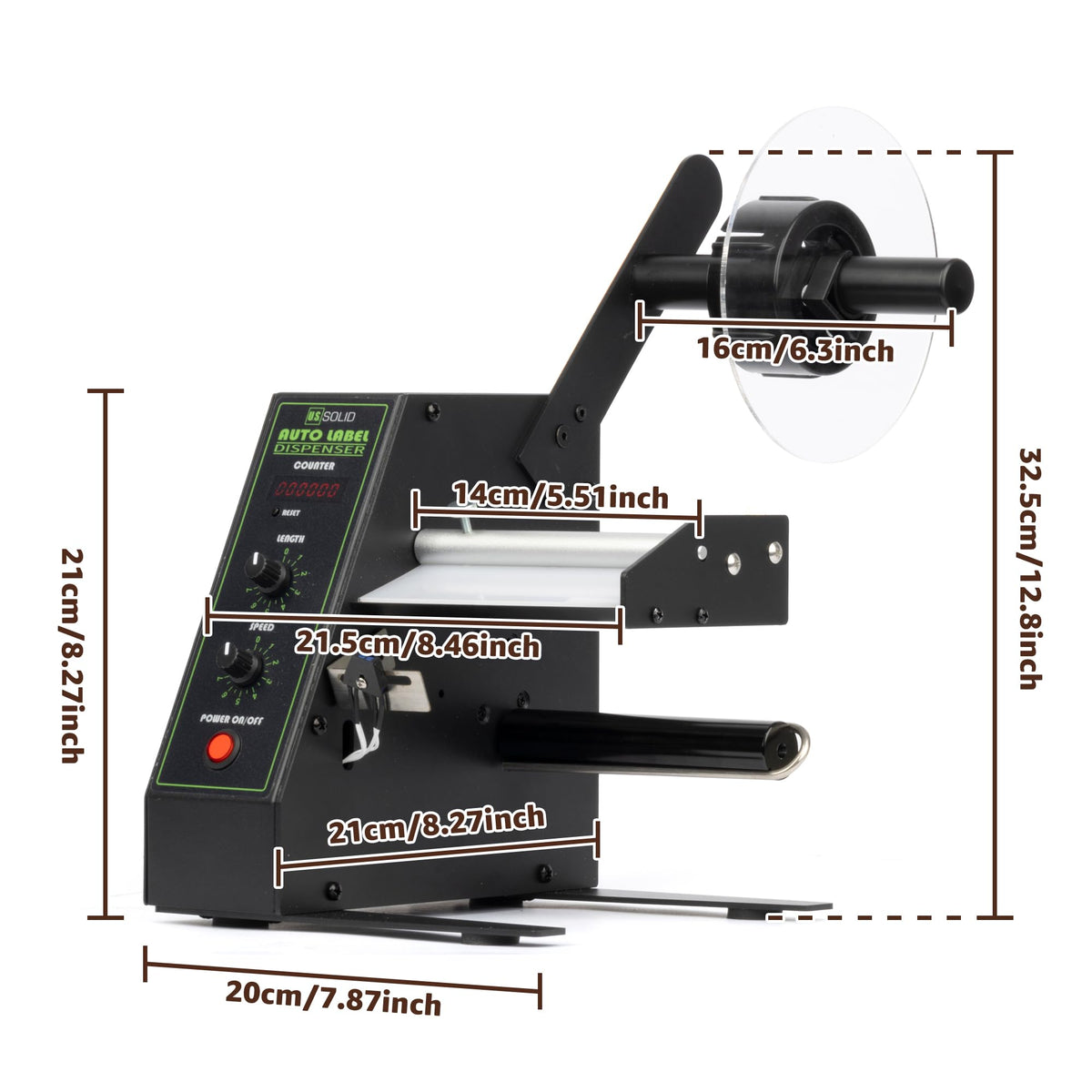 U.S. Solid Automatic Label Dispenser | Multi-Row Auto Counting 0-999999 | Label Width 0.16-5.51 in, Length 0.12-5.91 in | Adjustable Speed