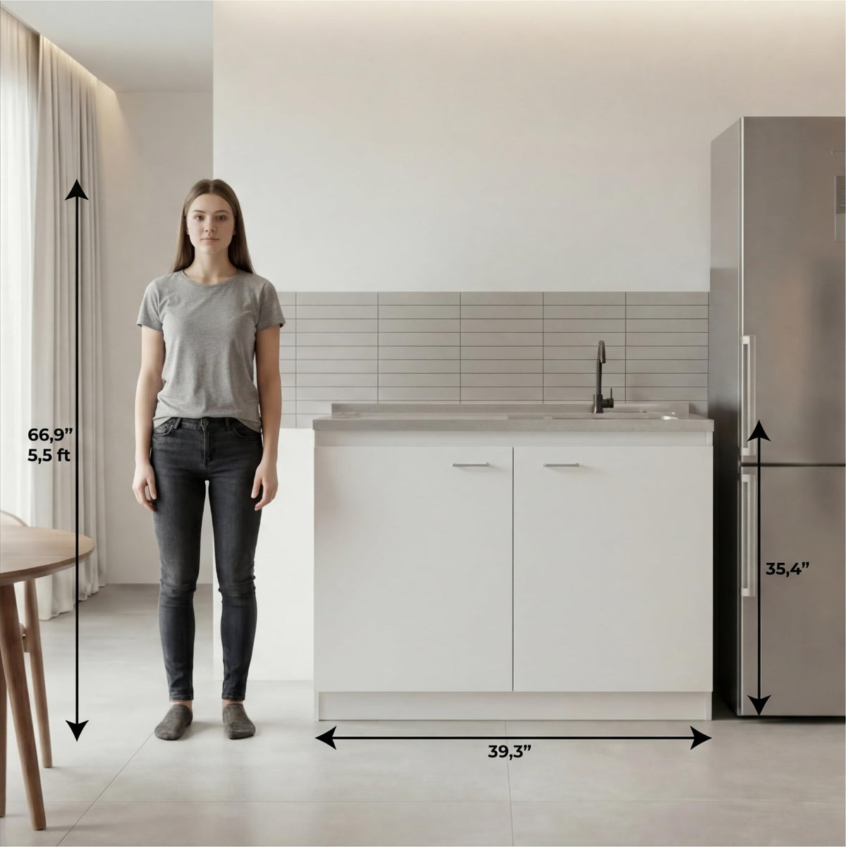 Tuhome Napoles Utility Sink Base Cabinet with Integrated Stainless Steel Countertop, Freestanding Cabinet with Double Doors, Interior Shelf for Laundry Room, Utility Room, Mudroom or Kitchen