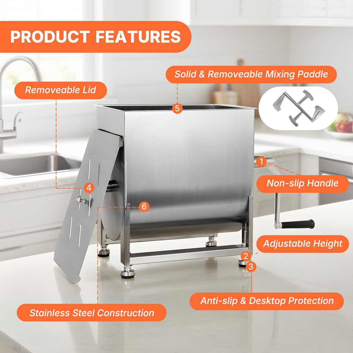 Hakka Manual Meat Mixer 30lb/15L, Fixed Tank 20L Stainless Steel Updated Commerial Food Mixer for Meat and Seasonings, Sausage, Burger, Patty