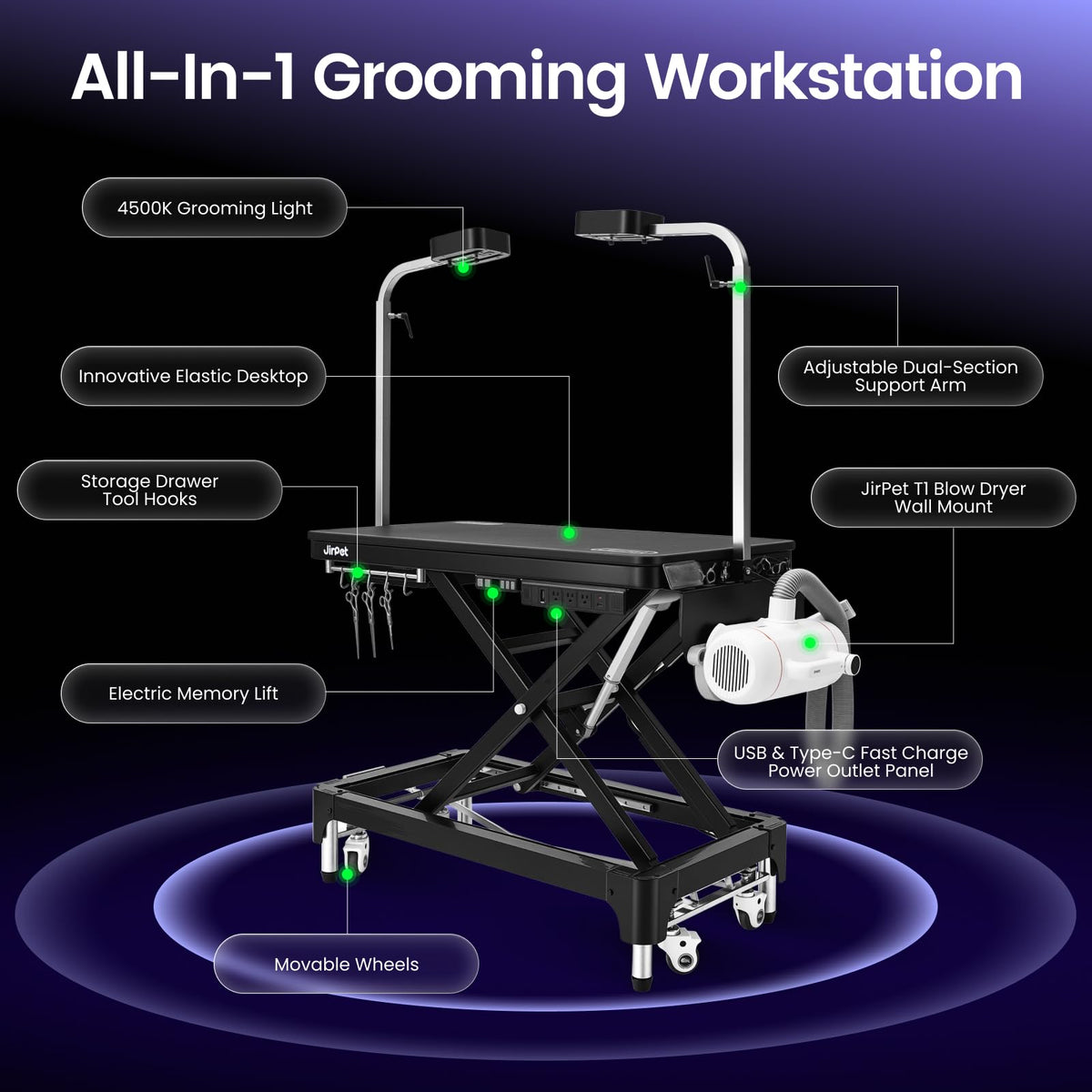 JirPet Dog Grooming Table for Large Dogs, Electric Lift with Memory Function, 46″ Professional Grooming Table with Strong Stability, Power Outlet, Grooming Light, and Wheels for Easy Mobility