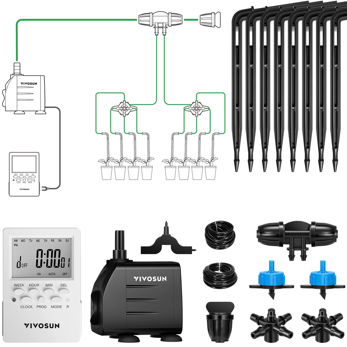 VIVOSUN Professional Automatic Drip Irrigation Kits, 15W Output, All in One Professional Grow Kit- Includes Pump, Timer and Regulator, 8 Drip Emitters Garden Plant Watering System Indoor Outdoor