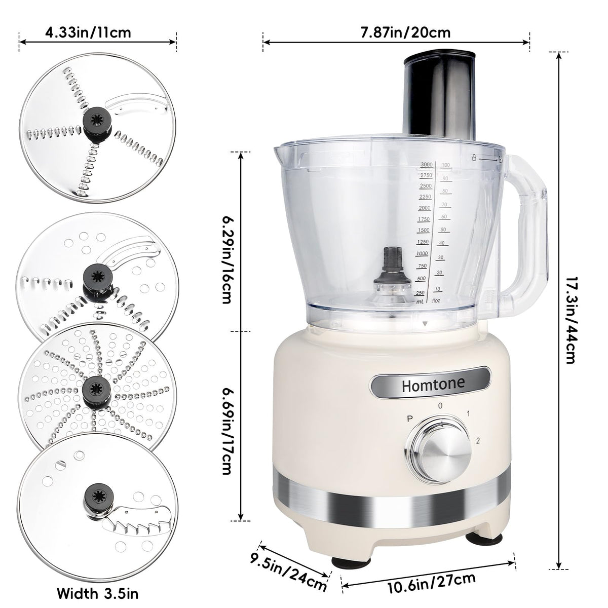 Homtone 16-Cup Food Processor, Heavy-Duty 9-Function Appliance with 7 Blades & 3 Speeds for Dough Kneading, Meat Chopping, Slicing, Shredding & Making French Fries, 600W (White)