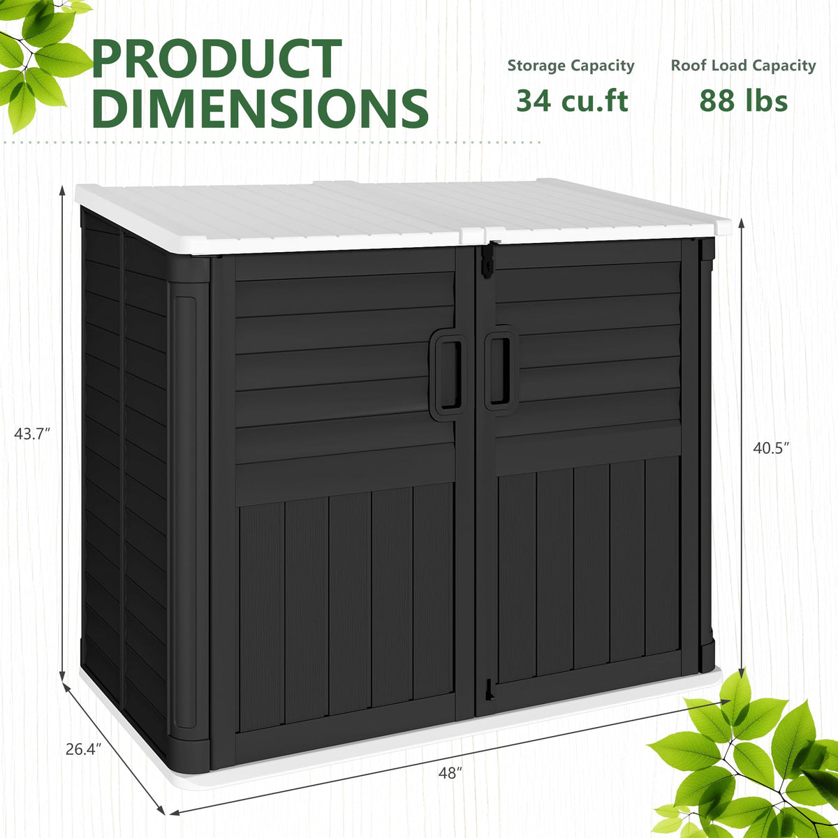 Greesum Outdoor Trash Can Storage Shed, 34 Cu.ft Horizontal Outdoor Storage Cabinet, Waterproof for Garden, Pool Storage, Garbage Cans, Black