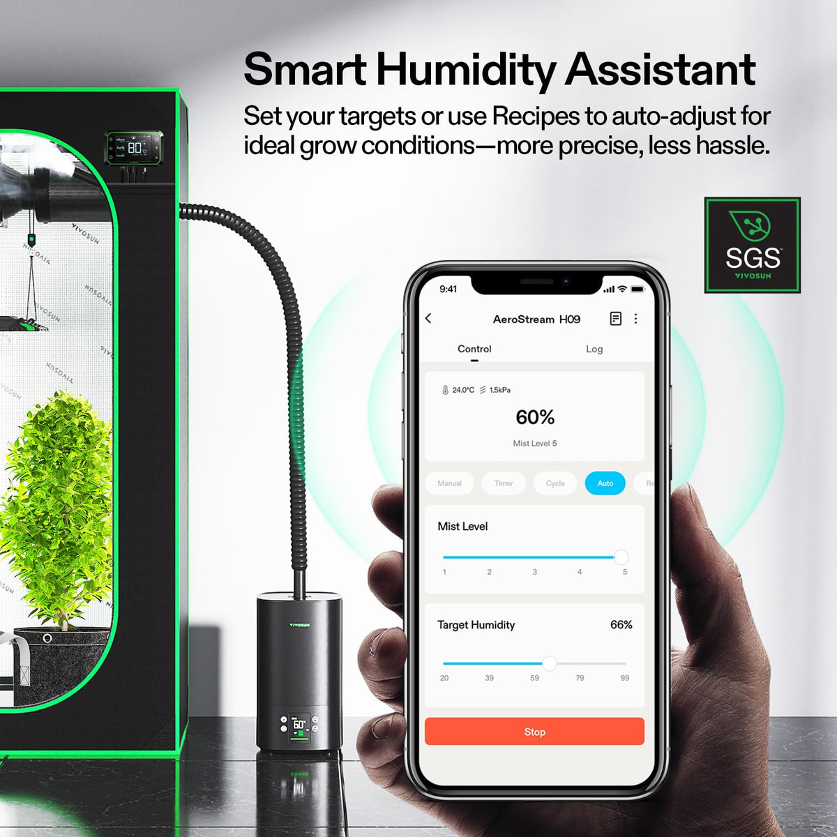 VIVOSUN AeroStream H05 Intelligent Wi-Fi Humidifier and S224 2x2 Grow Tent, 24"x24"x48" High Reflective Mylar with Observation Window and Floor Tray for Hydroponics Indoor Plant for VS1000