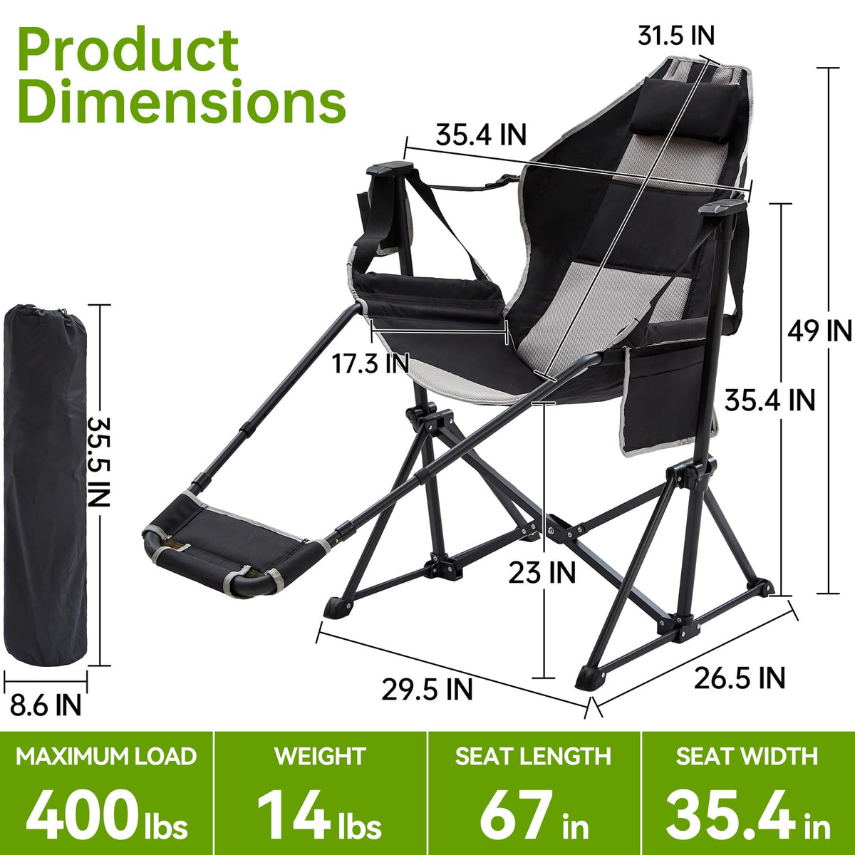 Hammock Swinging Rocking Camping Chairs with Footrest for Adults up to 400lbs,Folding Portable Chair with Cup Holder Pillow,Heavy Duty Chair for Beach,RV Travel,Hiking