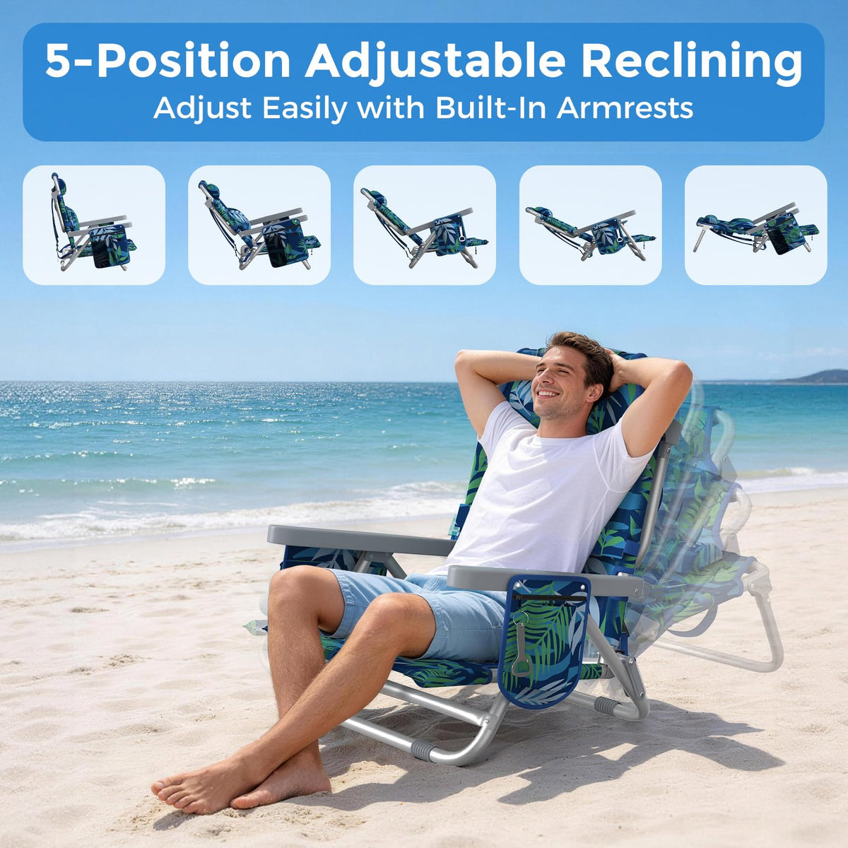 5-Position Backpack Beach Chair for Adults with Lumbar, Foldable Tall Heavy-Duty Beach Chairs with Cooler Bag,Cup Holder,Towel Rack for Beach, Camping, Outdoor