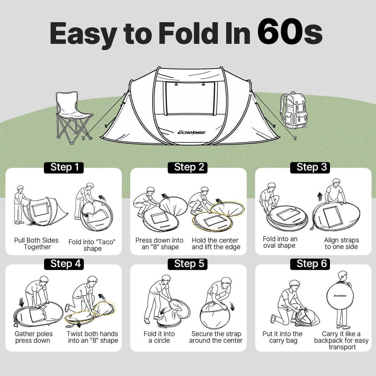 EchoSmile Instant Pop Up Camping Tent, 6 Person Easy Setup Tent, Water Resistant Dome, Portable with Carry Bag,Black & Orange,
