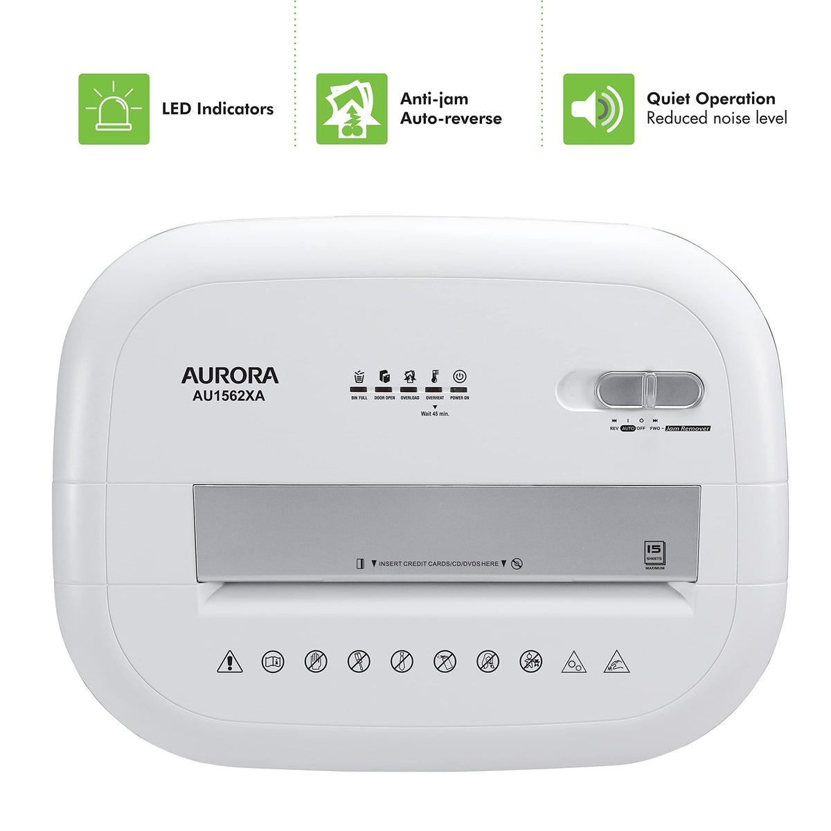 Aurora Heavy Duty Anti-Jam 15-Sheet Crosscut Shredder/60 Min Run Time/ 6-Gallon Pullout Basket, White