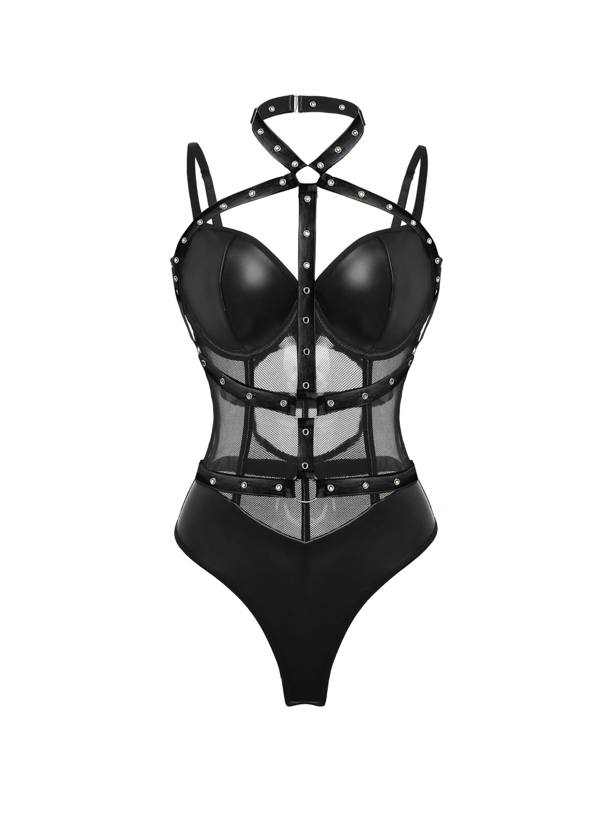Lilosy Sexy Crisscross Choker Leather Pu Underwire Babydoll Women Harness Teddy Bodysuit Nightshirt One Piece Push Up Mesh Sheer Nightgown Hollow Rivets Fishnet Black Medium
