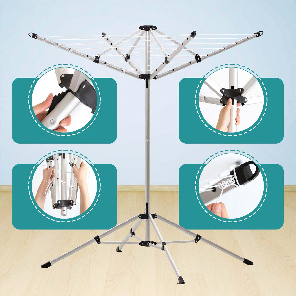 Sukkiri Homu Rotary Outdoor Umbrella Drying Rack, Retractable Indoor Outdoor Drying Rack, Height Adjustable,65 ft. Clothesline with 4-Legs