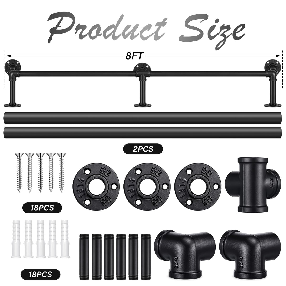 Zonon 8 ft Bar Foot Rail Kit Matte Black Industrial Pipe Railing for Bar Foot Rest Brackets Undercounter Mount Hardware and Tubing Complete Railing Kit for Kitchen Indoor Outdoor