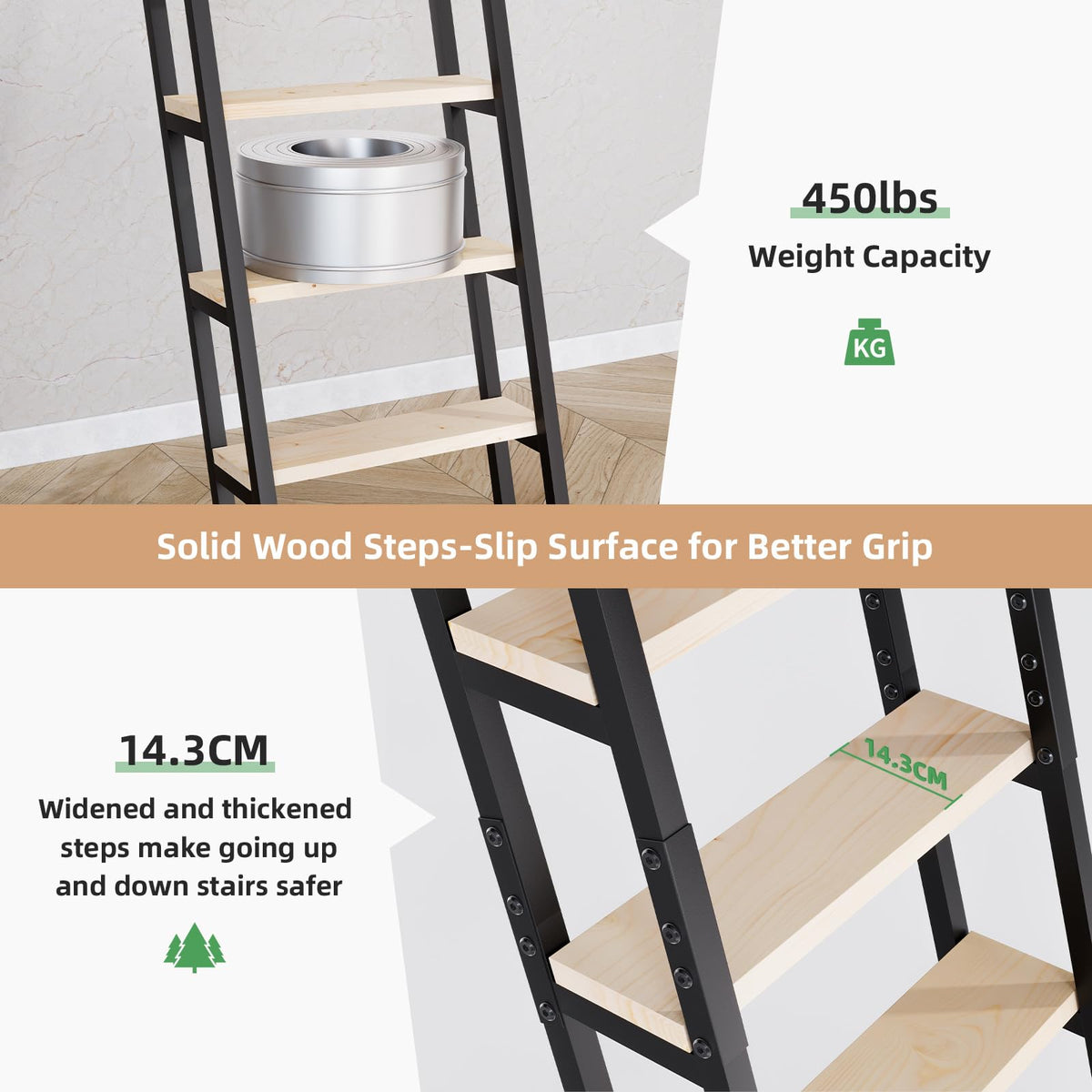 11.35FT Industrial Style Loft Ladder, 9 Steps with Black Steel Handrails & Solid Wood Steps, 450lbs Capacity, Fits 9.2-10FT Installation Height,for Attic, Kitchen, Warehouse,Bookshelf& Outdoor