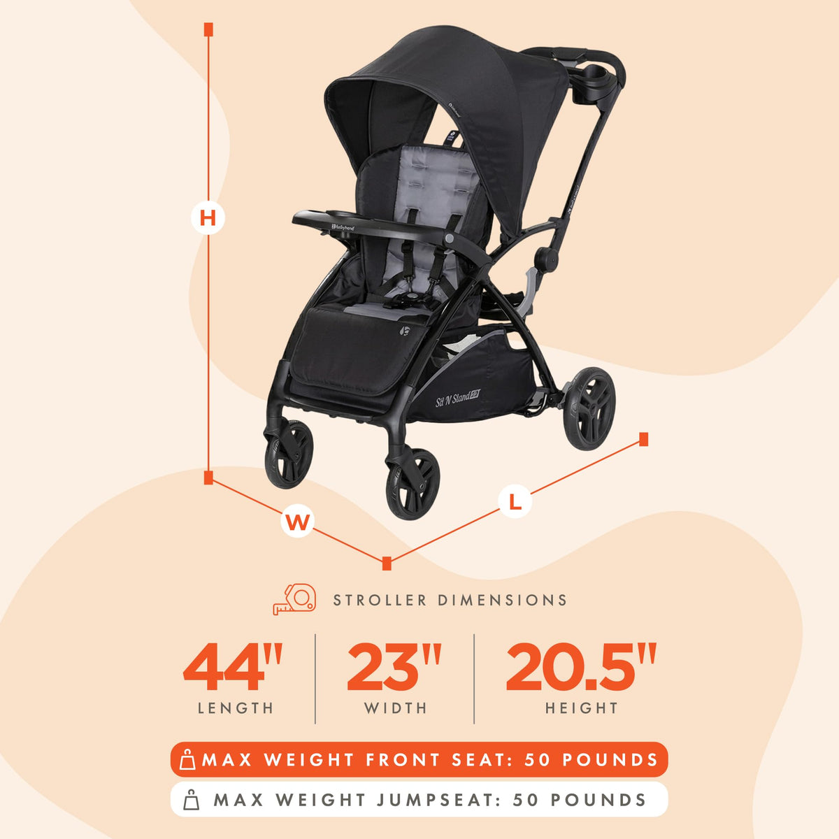 Baby Trend Sit N' Stand 2.0, 5-in-1 Collapsible Sit and Stand Double Stroller with Bench and Standing Board, Compact Fold, Parent Console, Simple Grey