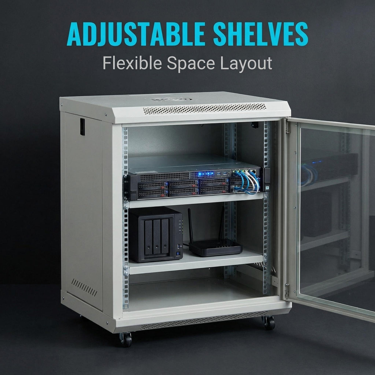 12U Wall-Mount & Rolling Network Cabinet for 19" Rack Equipment – Locking Tempered Glass Door, Ventilated Side Panels, Adjustable Rails, Fan Ready, Cable Management, Heavy-Duty Steel