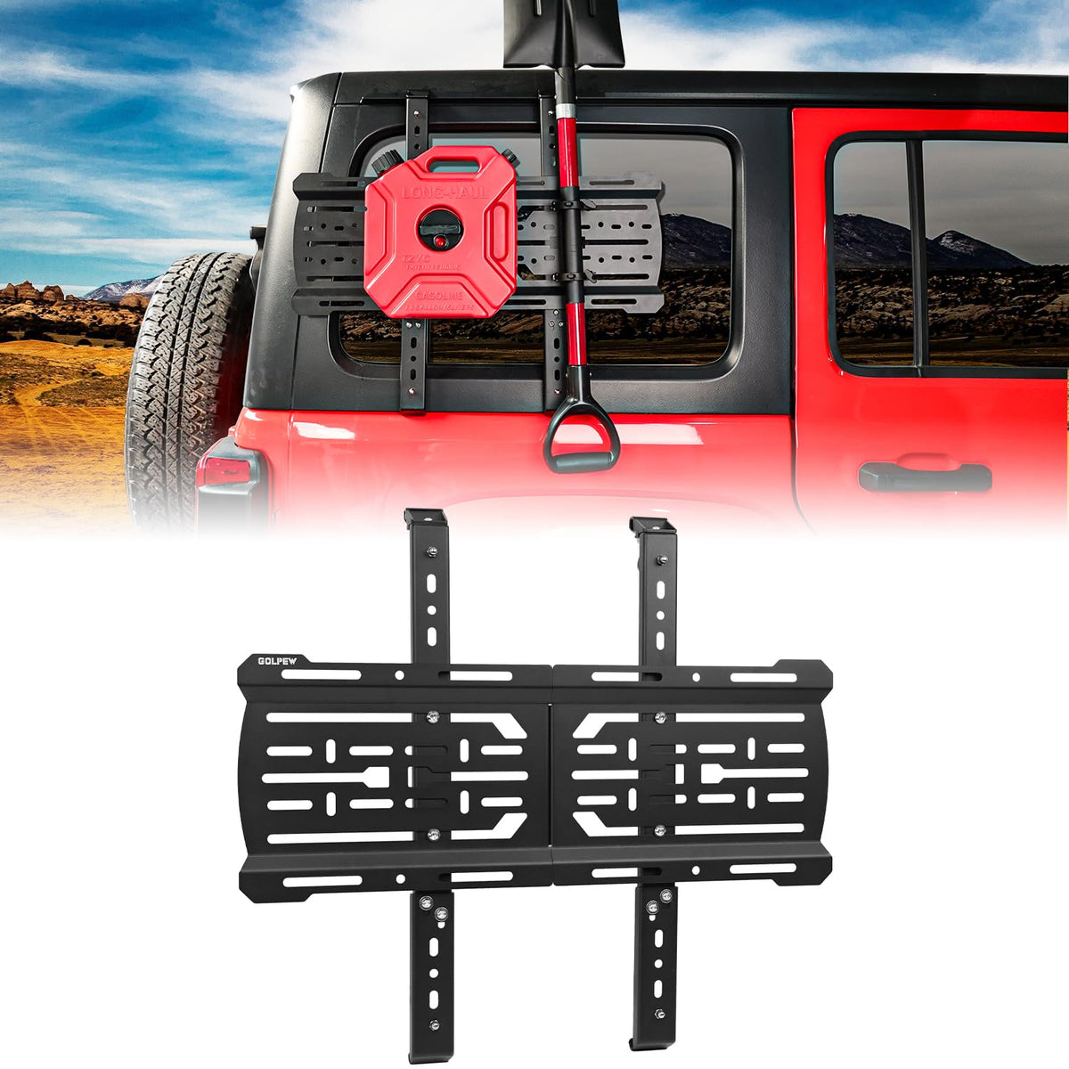 Rear Window Storage Molle Panel Kit for Jeep Wrangler JL 2018-2024 - Cargo Bracket Mounting Plate Kit with Recovery Traction Boards and Shovel Mount